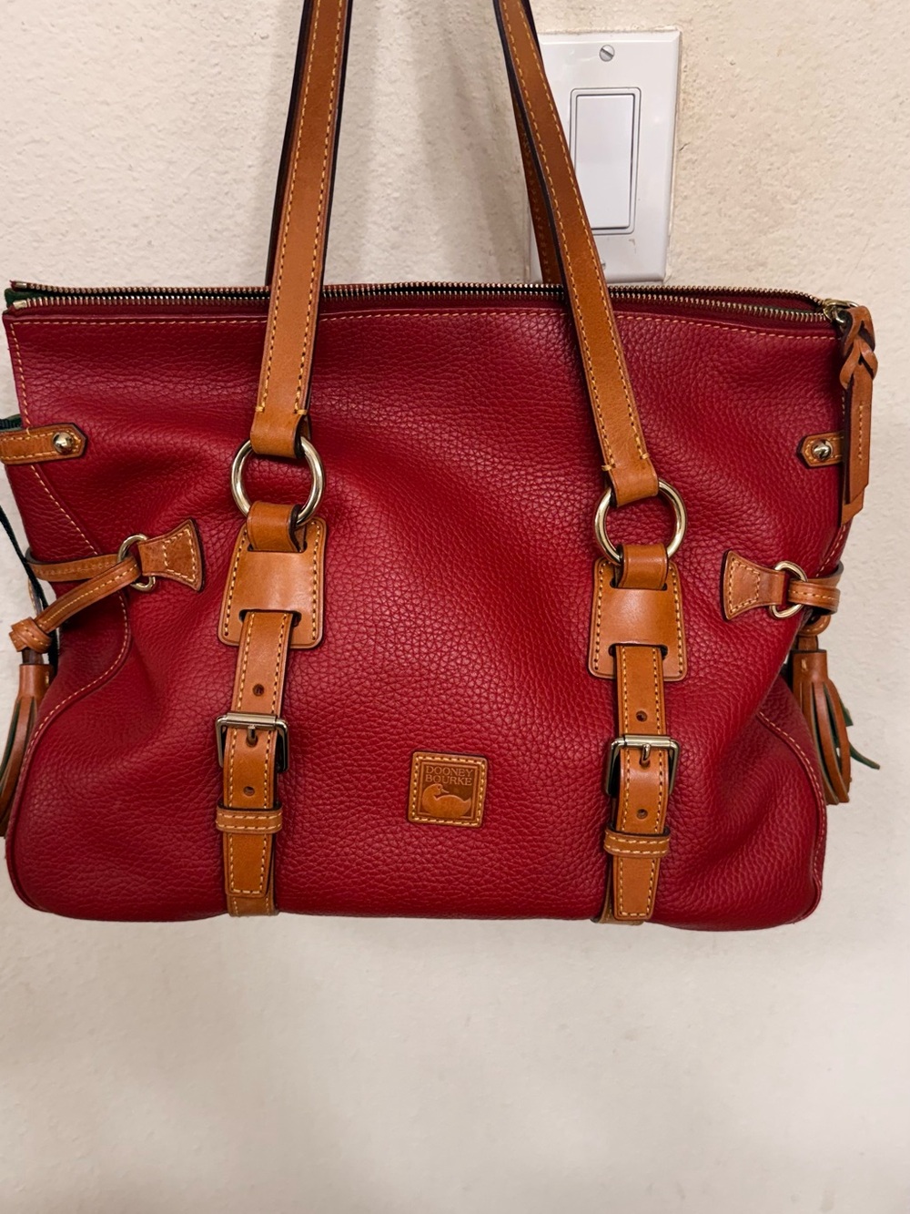 Dooney & Bourke Red Pebbled Leather Shoulder Bag with Tan Trim